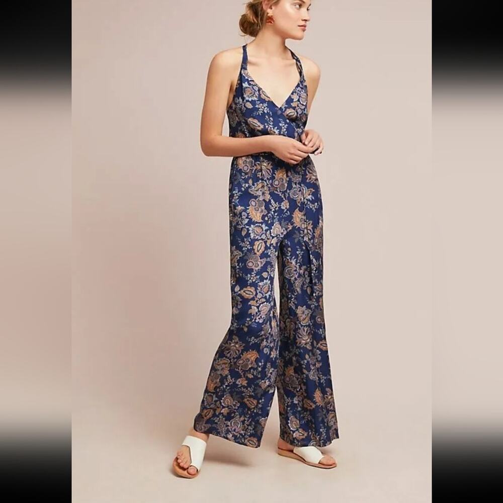 Anthropologie Navy Floral Satin Jumpsuit